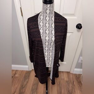 Lularoe brown black Caroline Aztec open front cardigan sweater women’s L pockets